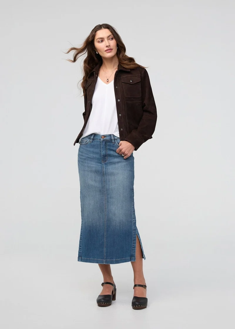 Performance Denim Slit Skirt - Blue Ash