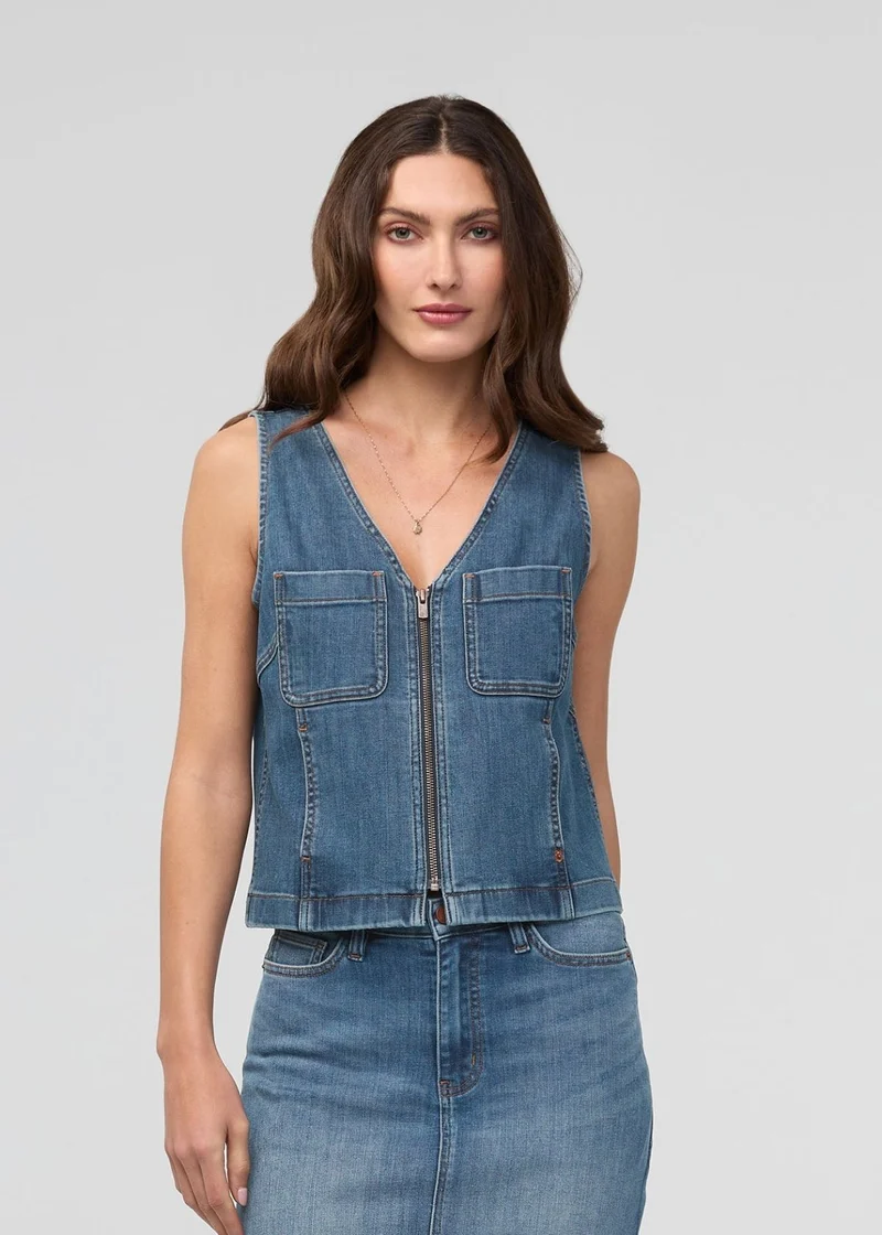 Performance Denim Zip Front Vest - Blue Ash