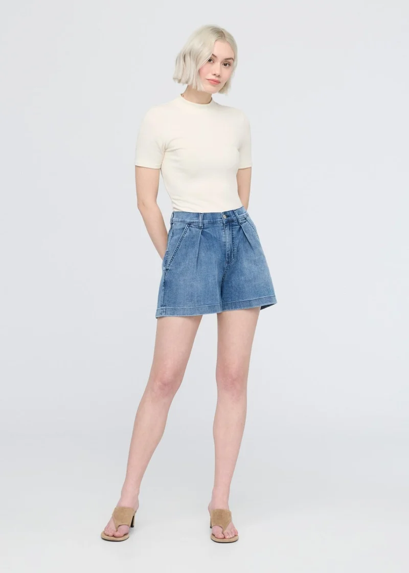 Performance Denim Lite Pleated Short - Slate Indigo