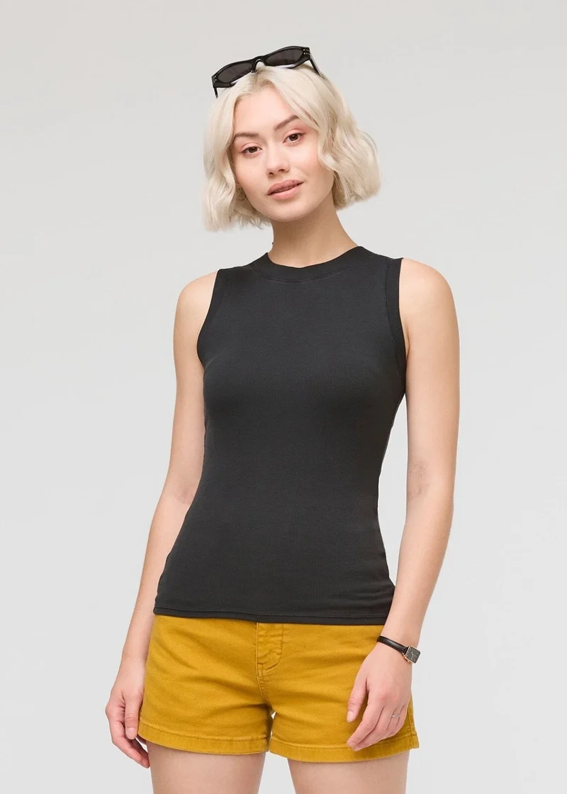 Ribbed Pima High Neck Tank - Black