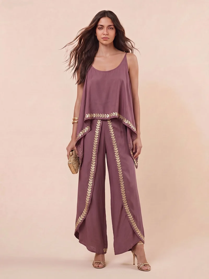 Bohemian Embroidered Layered Top & Wide-Leg Pants Two-Piece Set