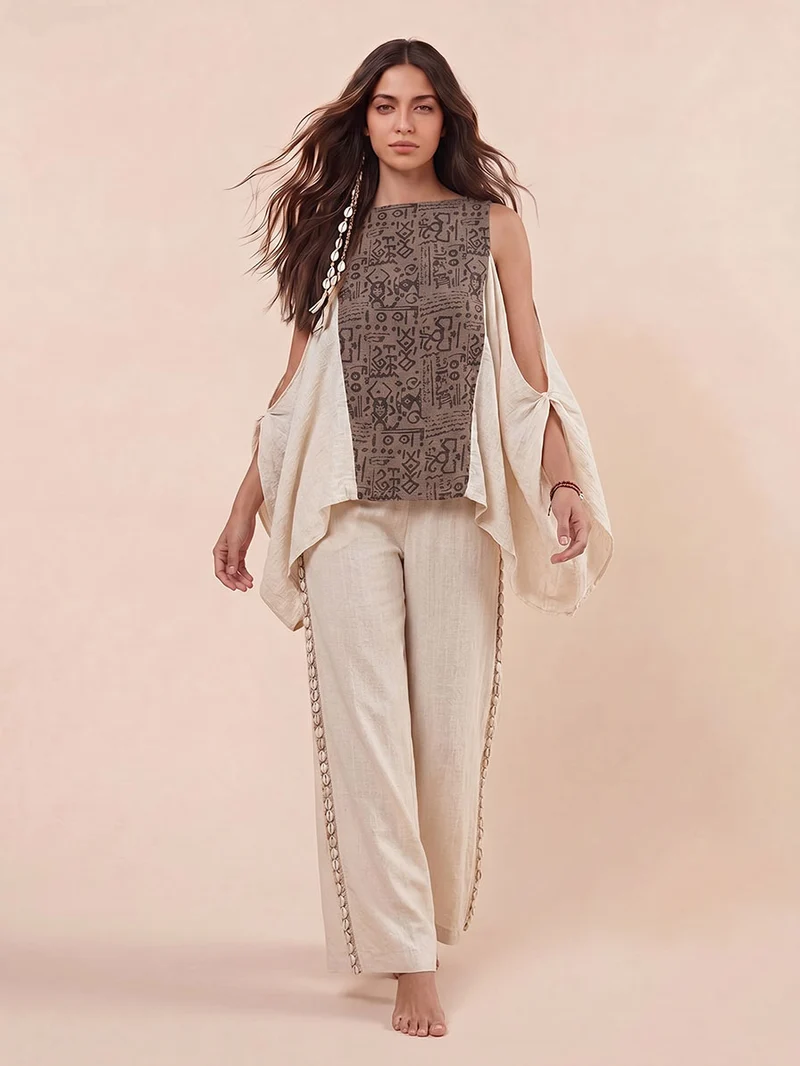 Bohemian Shell Trim Wide-Leg Pants Two-Piece Set