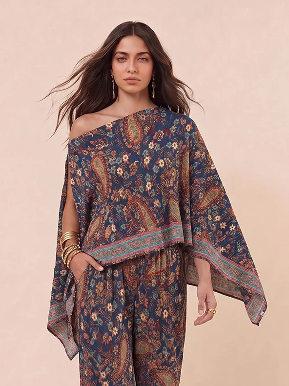 Bohemian Paisley Off Shoulder Cape Sleeve Top