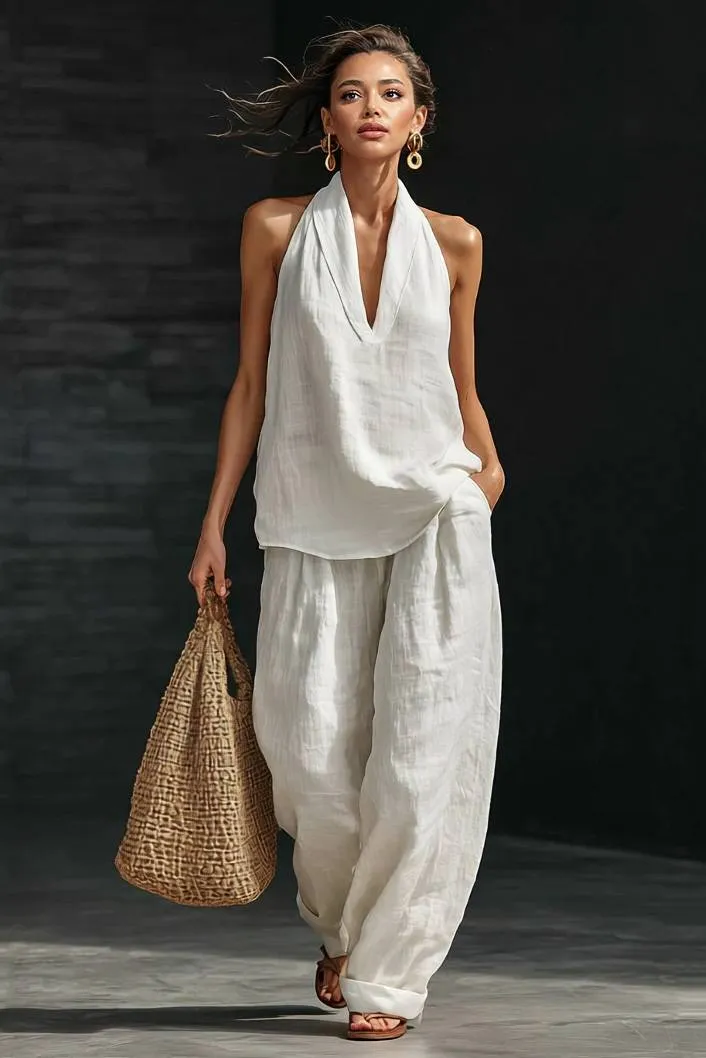 V-Neck A- Line Shirt And Wide Leg Pants Set