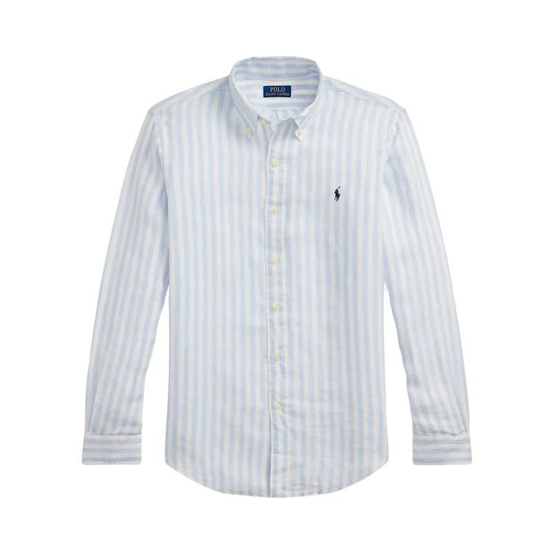 Custom Fit Striped Linen Shirt - Office Blue/White