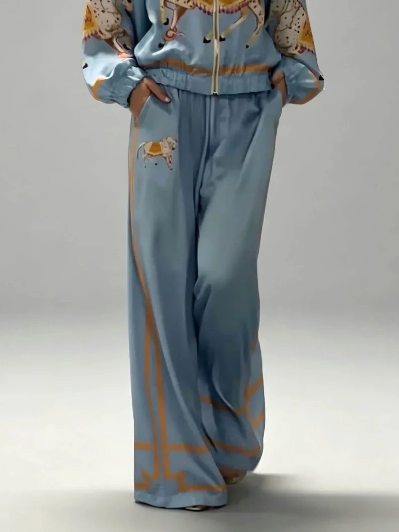 Exquisite Satin Horse Print Wide-Leg Pants