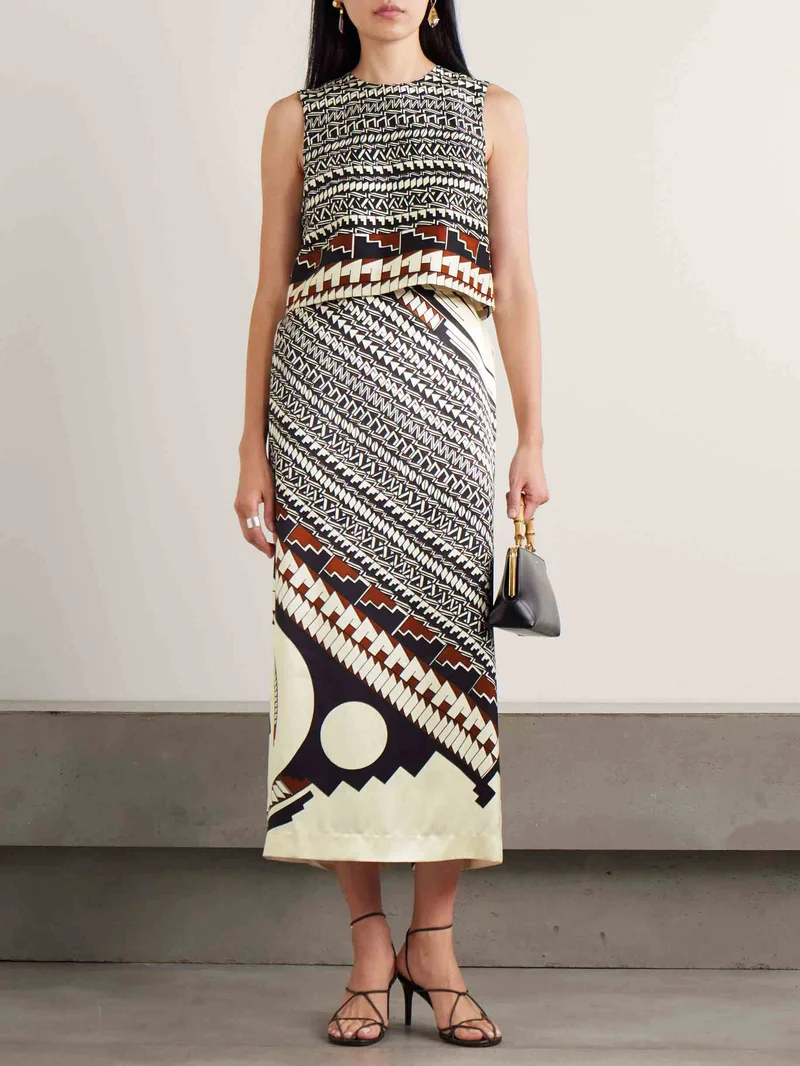 Geometric Print Satin Crop Top & Midi Skirt Two Piece Set