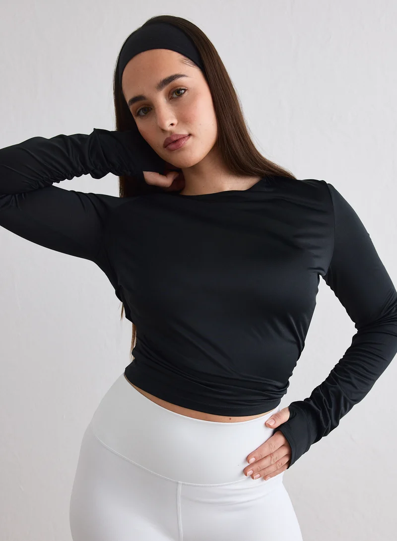 Black Luminous Draped Long Sleeve