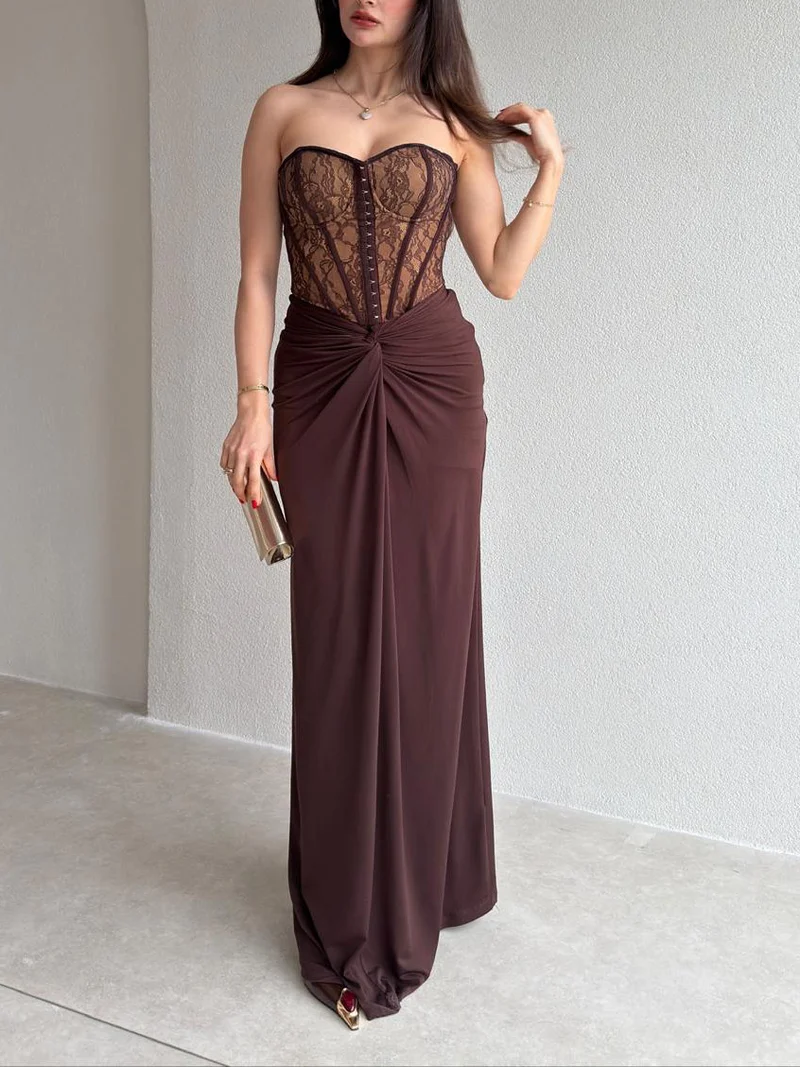 Elegant Strapless Lace Bodycon Maxi Dress