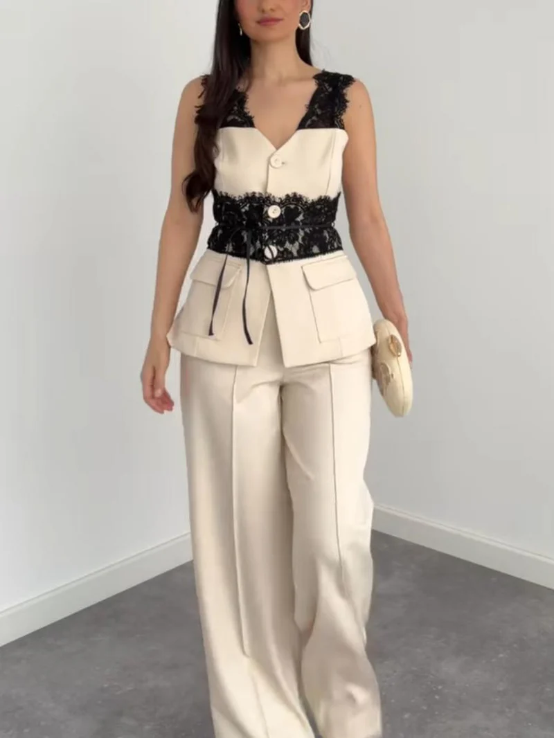 Elegant Lace Panel Sleeveless Vest & Wide-Leg Pants Set