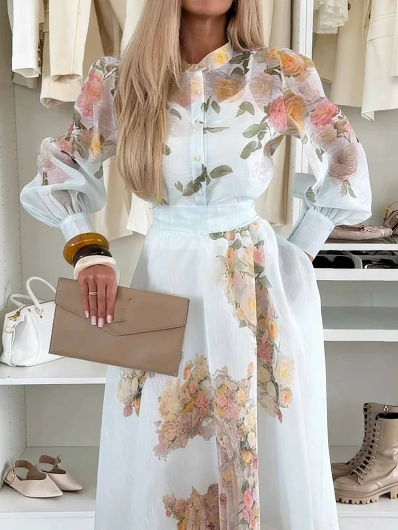 Elegant Sheer Floral Print Long Sleeve Blouse