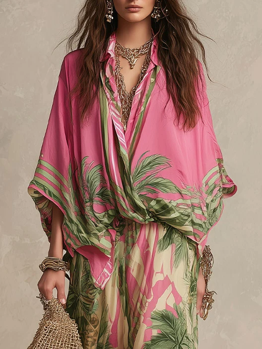 Bohemian Tropical Print Loose Batwing Sleeve Shirt