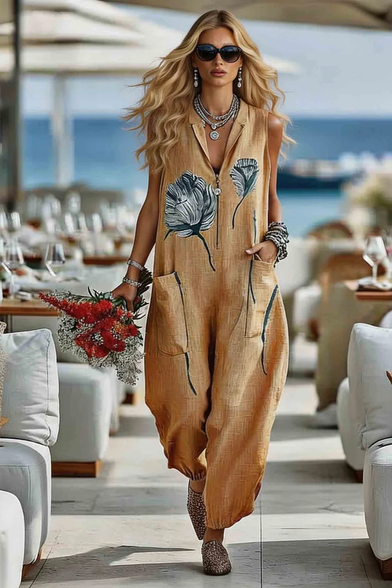 Lapel Printed Jumpsuit