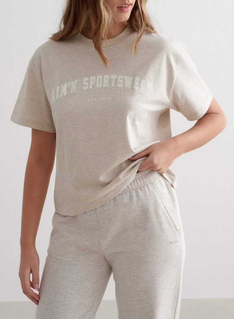 Beige Melange Varsity Boxy T-shirt