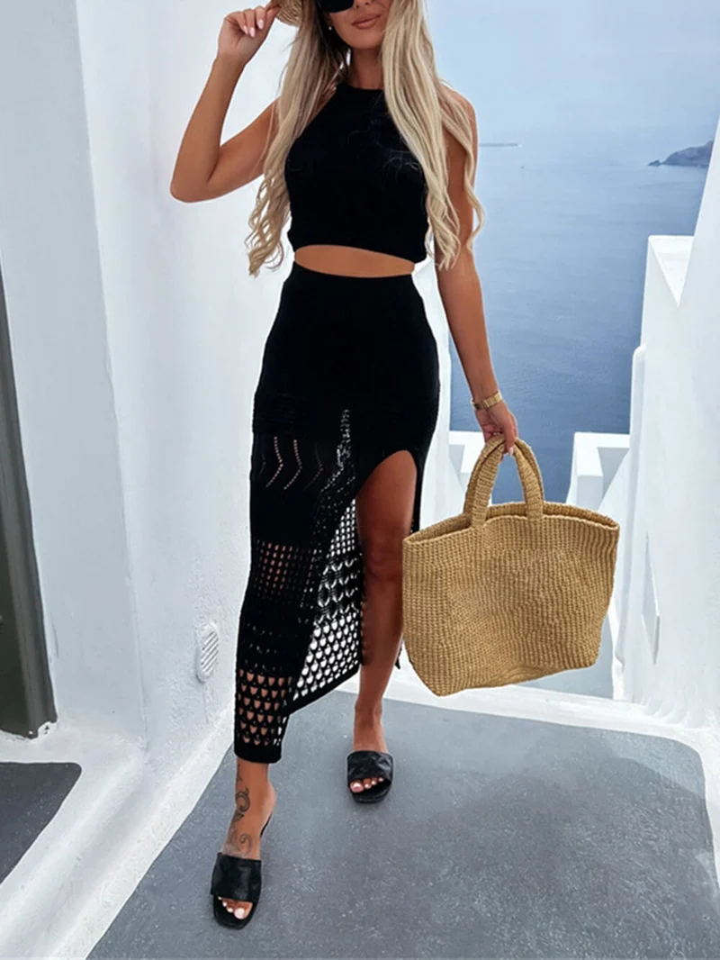 Fashion Black Sleeveless Crop Top And Slit Bodycon Skirt Set