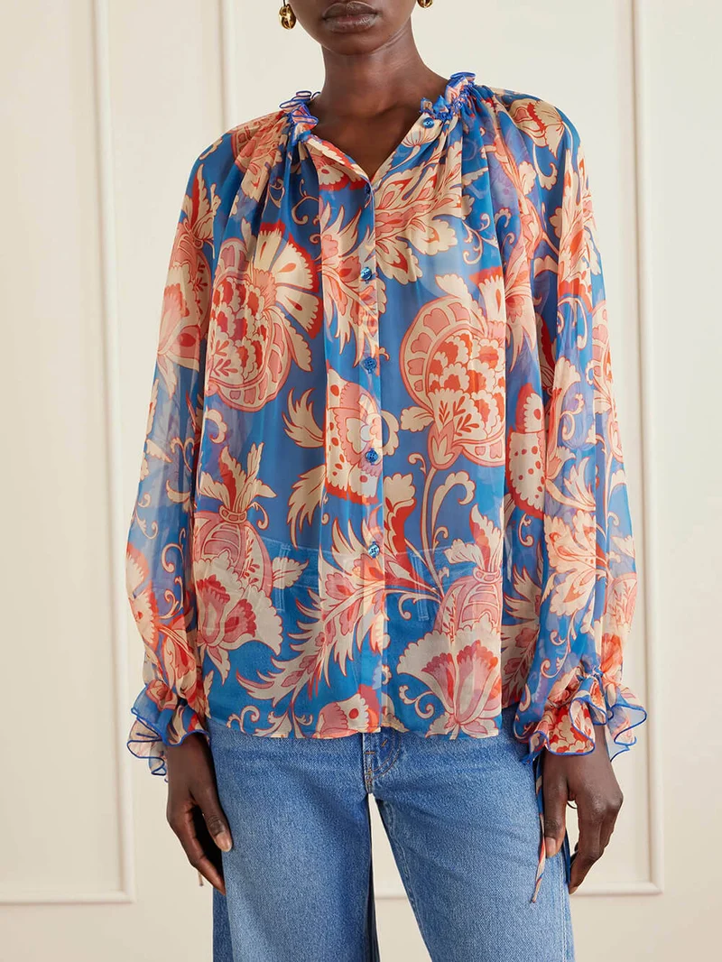 Modern Printed Chiffon Ruffle Blouse