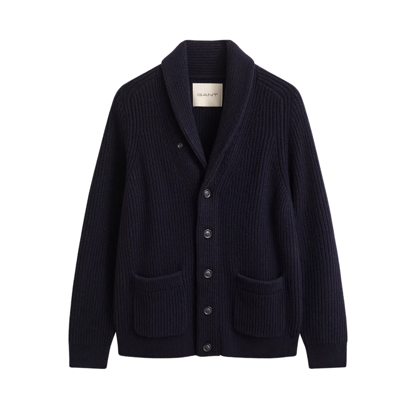 Ribbed Wool Blend Shawl Cardigan - Evening Blue