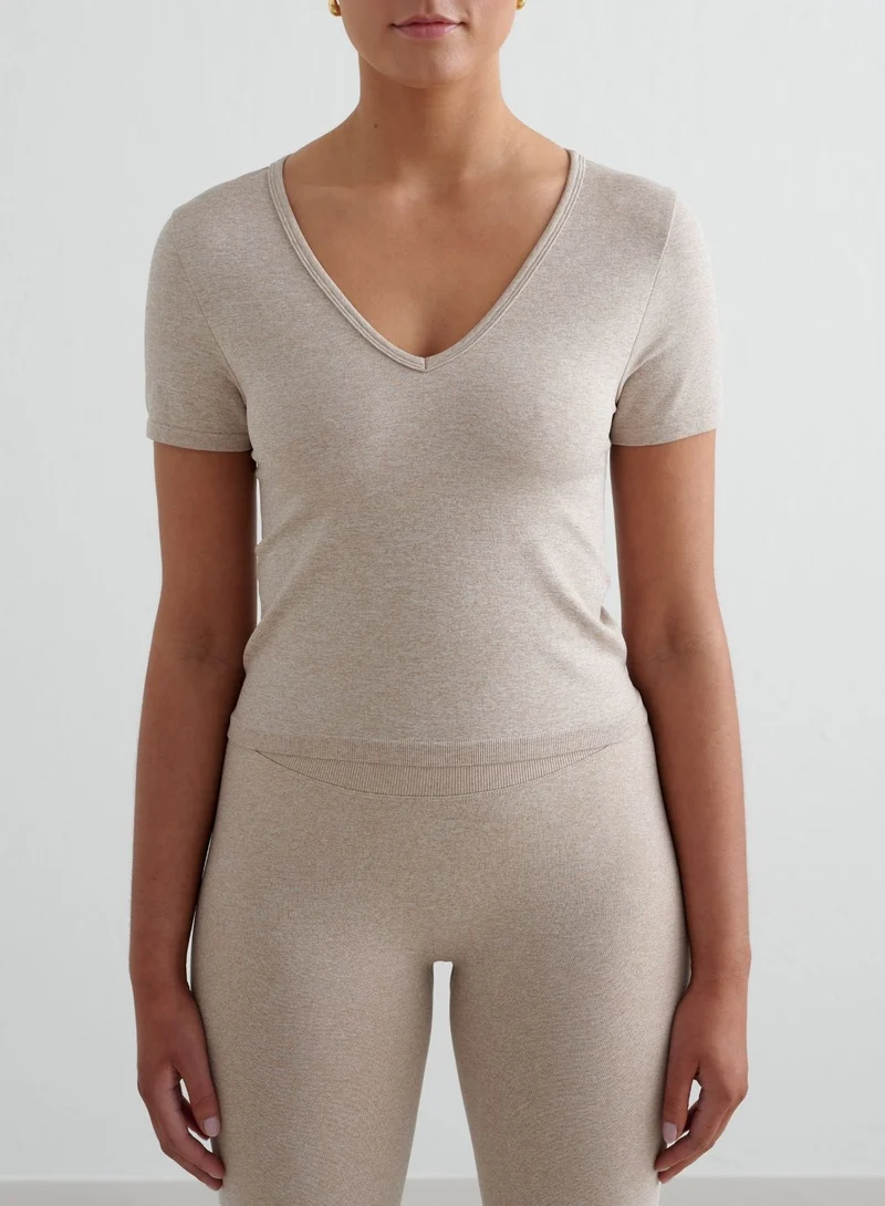 Beige Melange Shape Seamless Short Sleeve