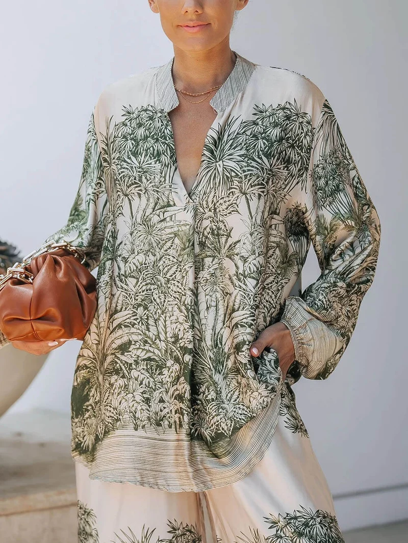 Casual Palm Leaf Print Loose-fitting Shirt