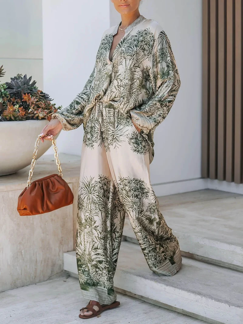 Casual Palm Leaf Print Loose Shirt And Wide-Leg Pants Set
