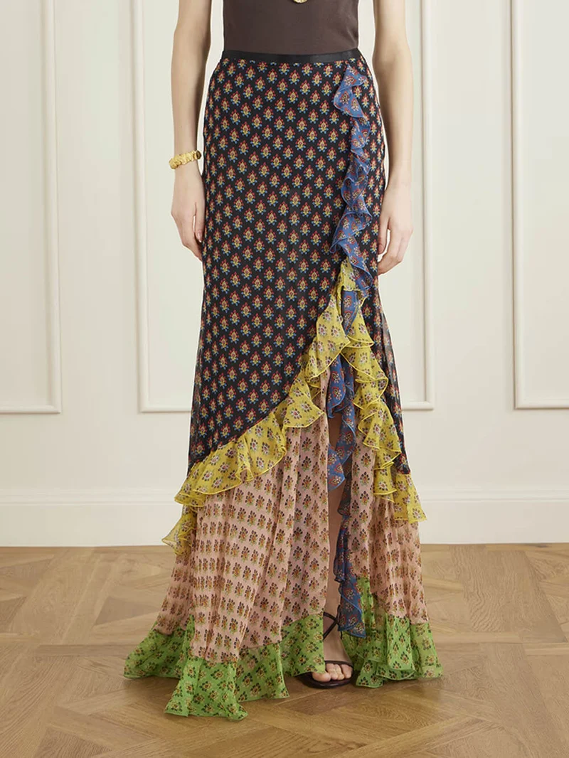 Delicate Ruffled Tiered Printed Chiffon Maxi Skirt
