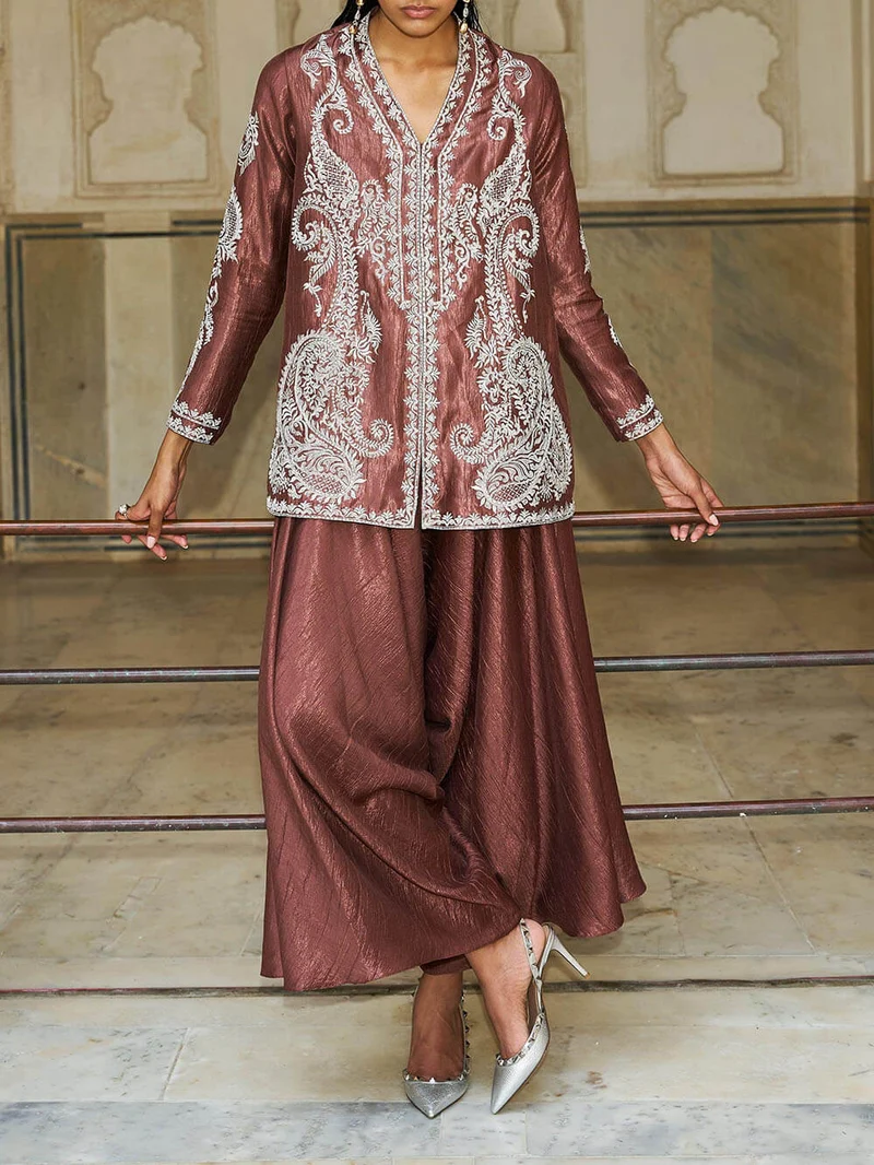 Unique Paisley Pattern V-Neck Loose Top And Pleated Harem Wide-Leg Pants Set
