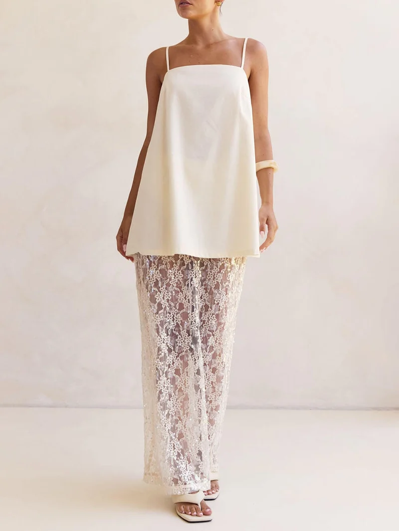 Elegant Off-Shoulder Strap A-Line Top Sheer Sequin Lace High-Waist Maxi Skirt Set