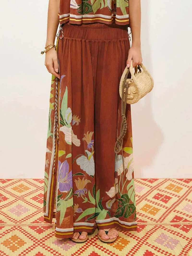 Delicate Ruffle Printed Drawstring Slit Wide-Leg Pants