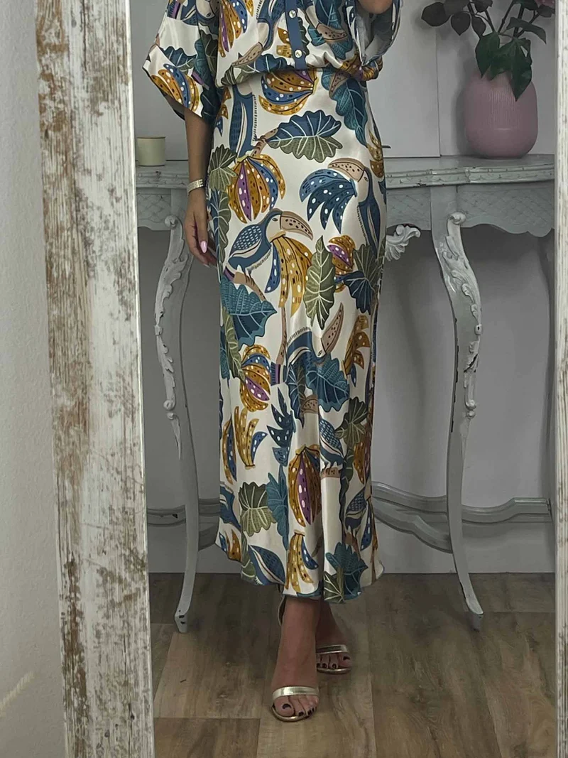 Retro Jungle Palm Leaf Satin Print Skirt