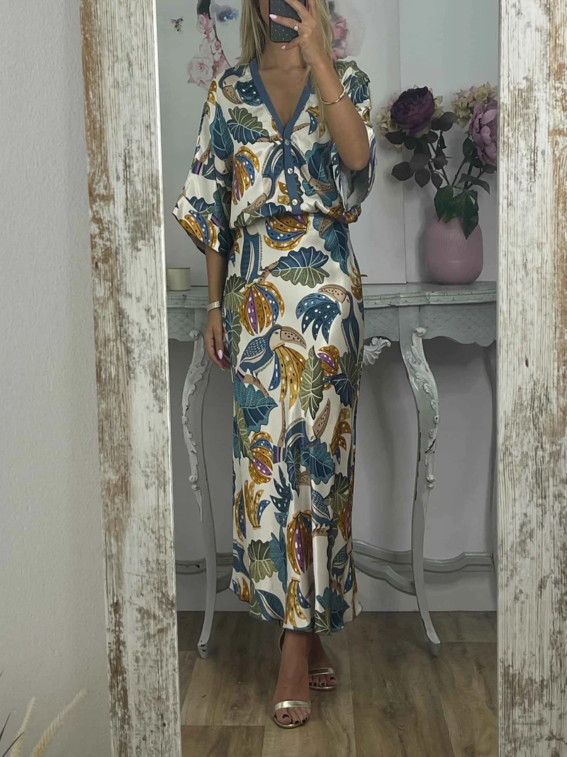 Retro Jungle Palm Leaf Satin Print Two-Piece Set