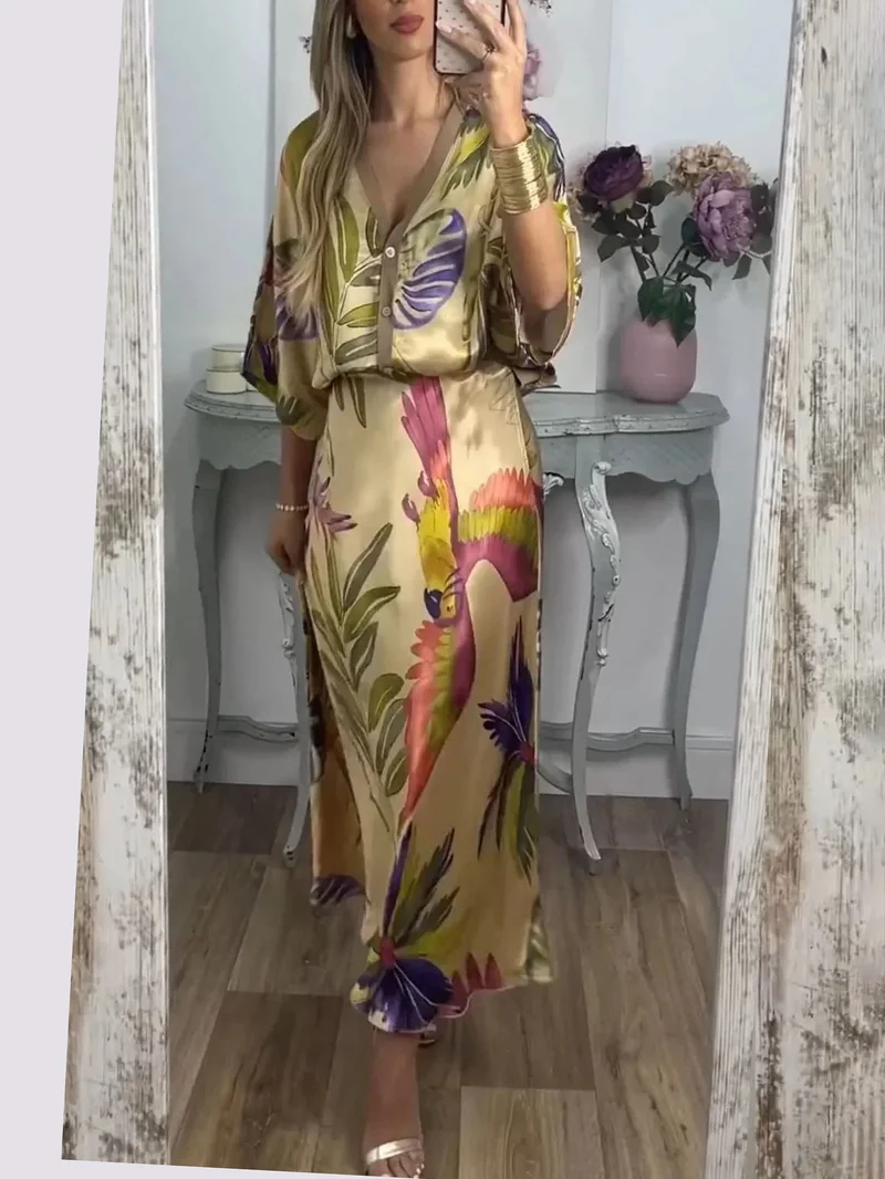 Retro Parrot And Palm Leaf Print Two-Piece Set