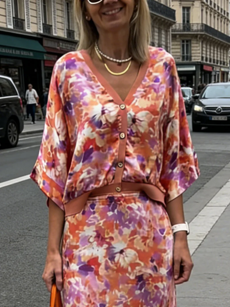 Exquisite Floral Print Satin Batwing Sleeve Shirt