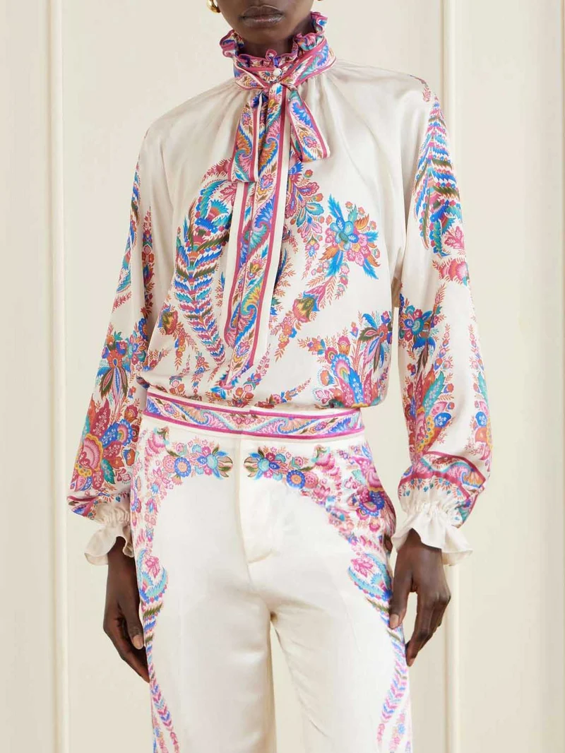 Exquisite Bow Detail Paisley Print Satin Shirt