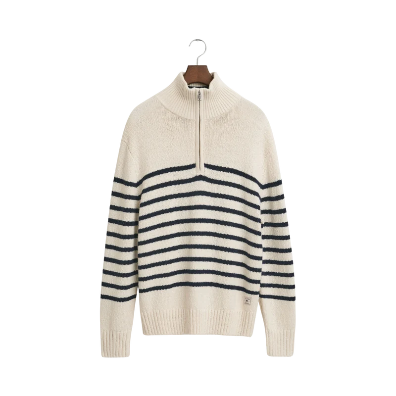 Striped Cotton Slub Half Zip - Cream