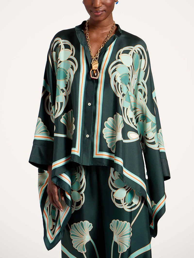 Elegant Abstract Print Satin Cape Sleeve Shirt