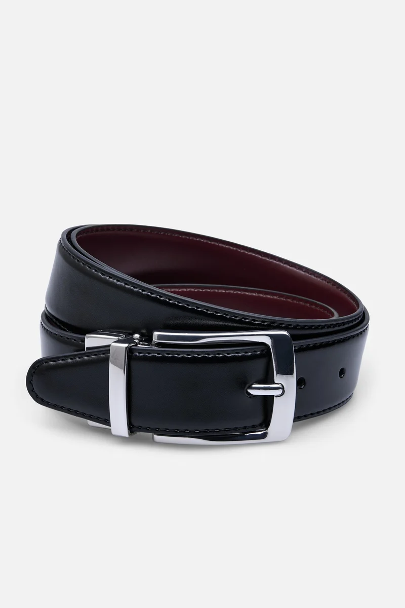 BELT DOUBLE BLACK/BURGUNDY NICKLE SATIN 3.5CM