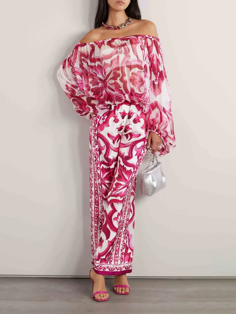 Elegant Baroque Floral Print Off-Shoulder Chiffon Two-Piece Set