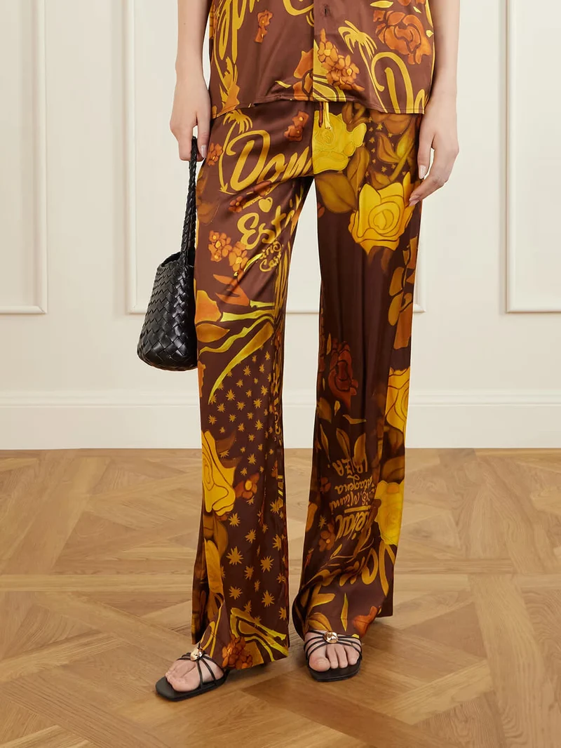 Unique Printed Satin Elastic Waist Pocket Wide-Leg Pants