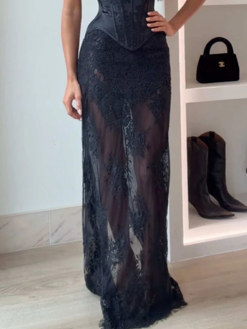 Sexy Floral Lace Sheer Maxi Skirt