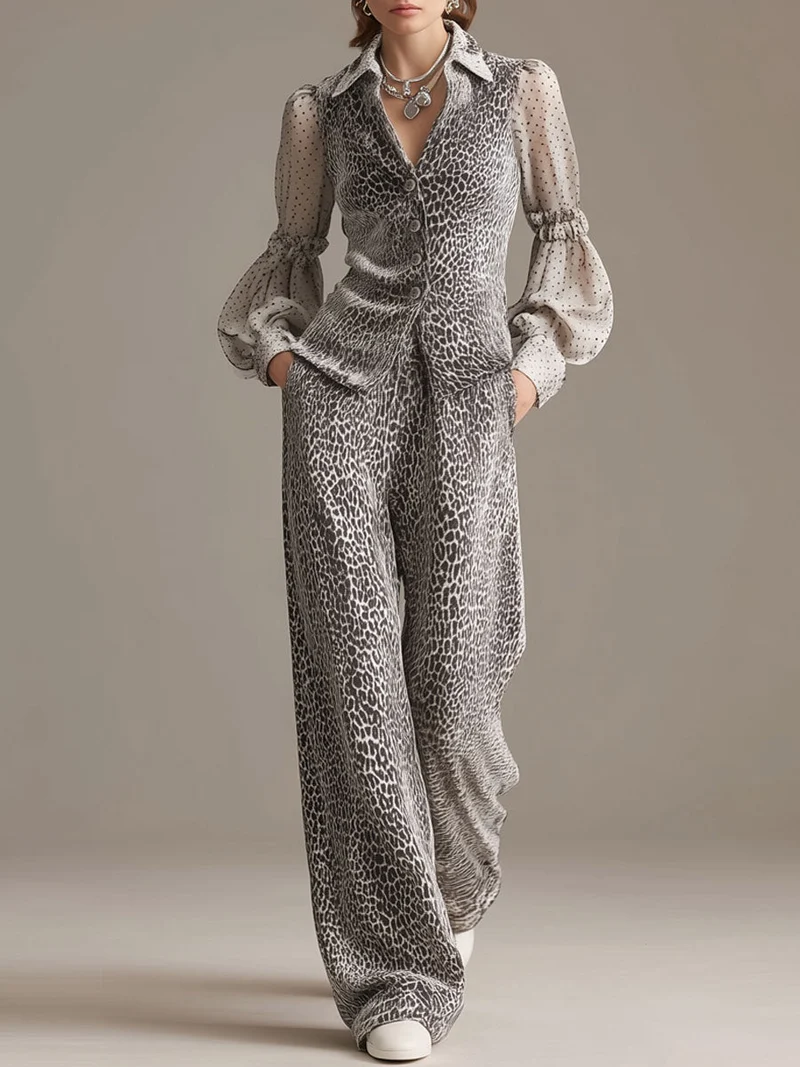 Retro Chiffon Sleeve Leopard Print Top & Wide-leg Pants Set