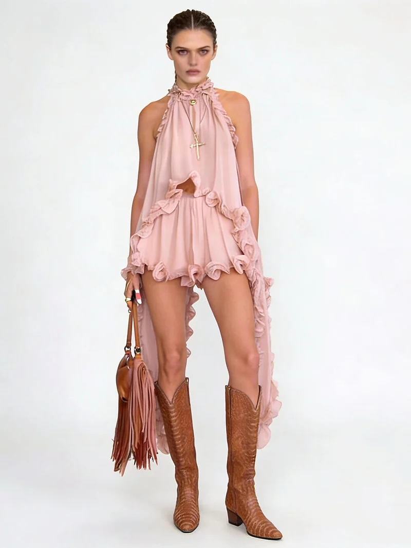 Exquisite Chiffon Ruffle Backless Asymmetric Top & Elastic Waist Relaxed Shorts Set