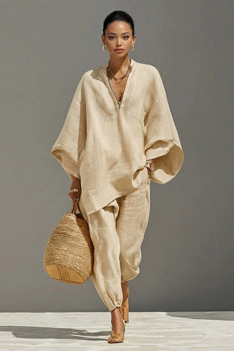Vertical Collar Loose Shirt And Pants Set