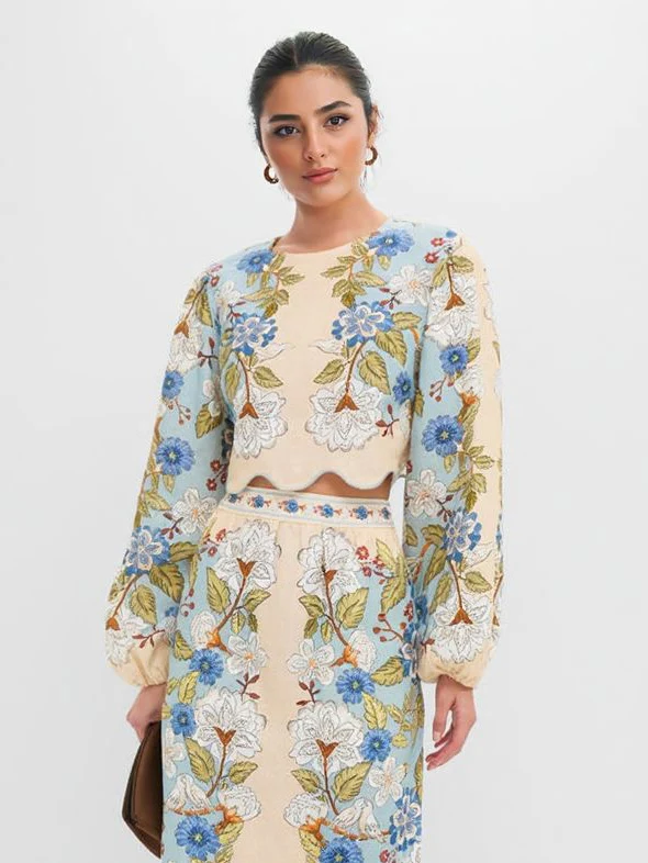 Retro Floral Embroidered Long-Sleeve Crop Top