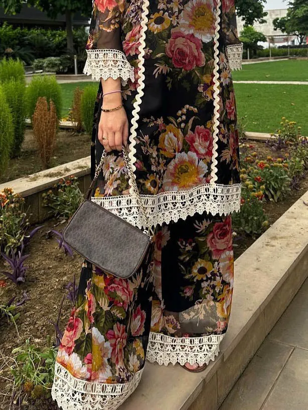 Elegant Floral Print Lace-Hem Wide-Leg Pants