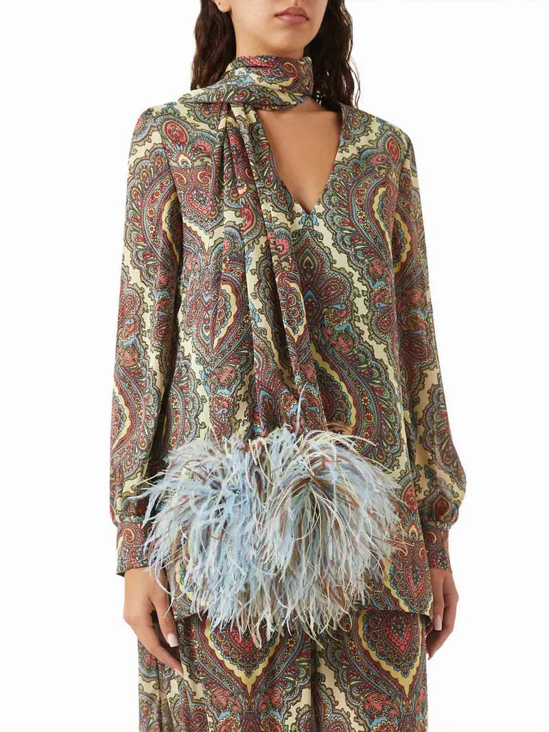 Retro Paisley Print Choker-Neck Shirt