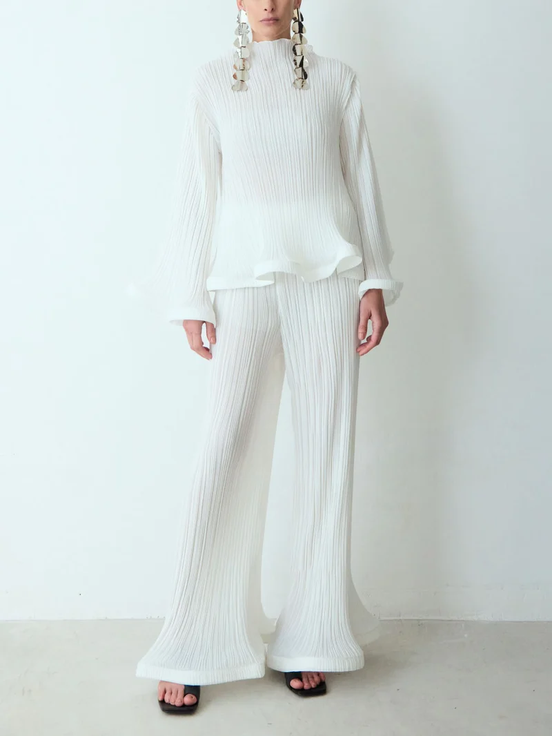 Elegant Ruffled Pleated Top And Pants Two-Piece Set