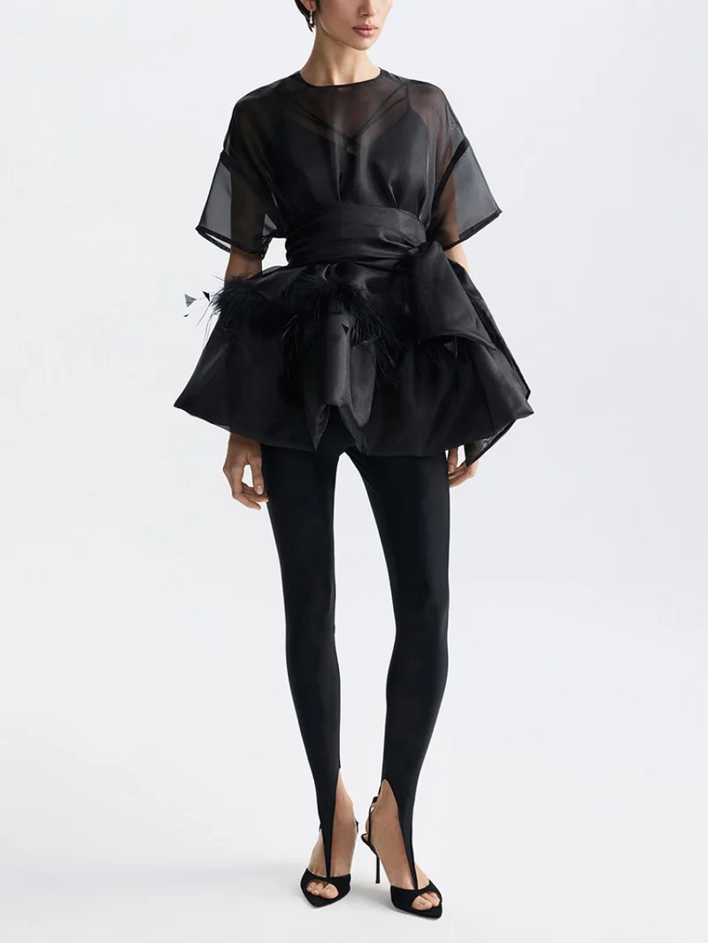 Elegant Feather Organza Top Two-Piece Set