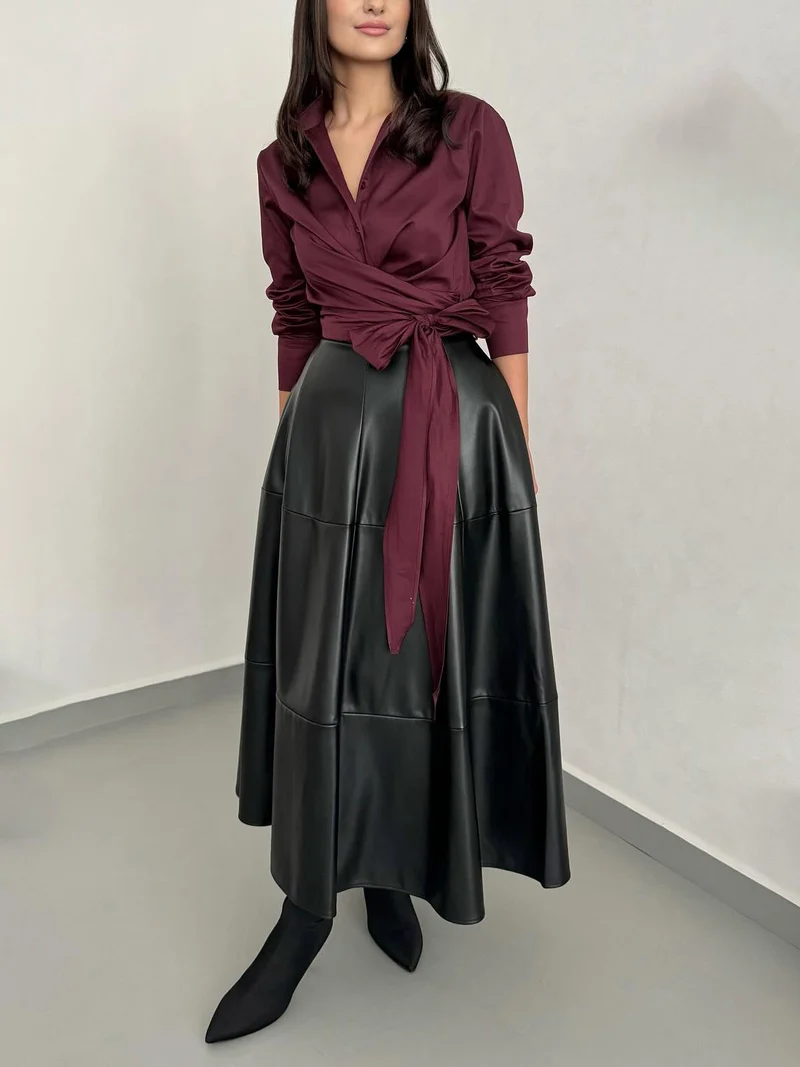 Stylish Wrap-style Tie-front Shirt Two-piece Set