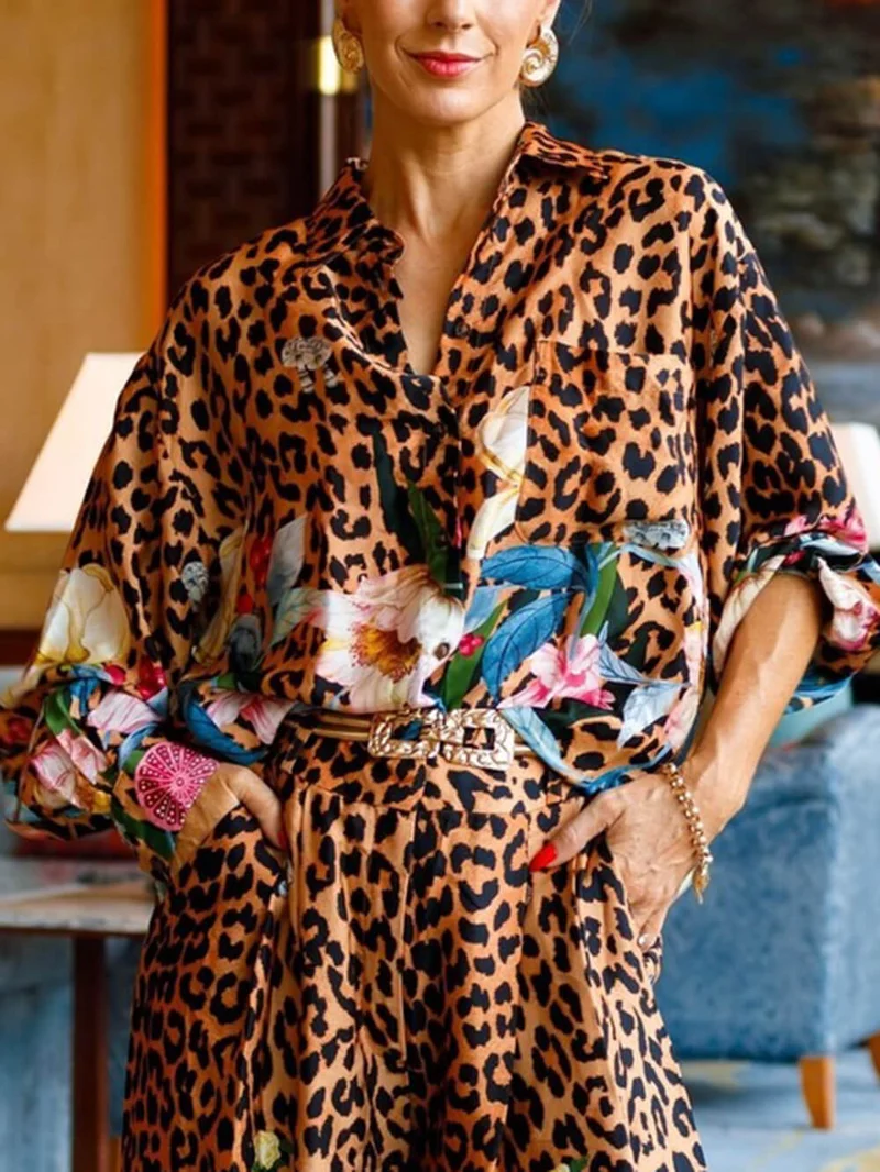 Unique Leopard & Floral Print Loose Button-Up Shirt
