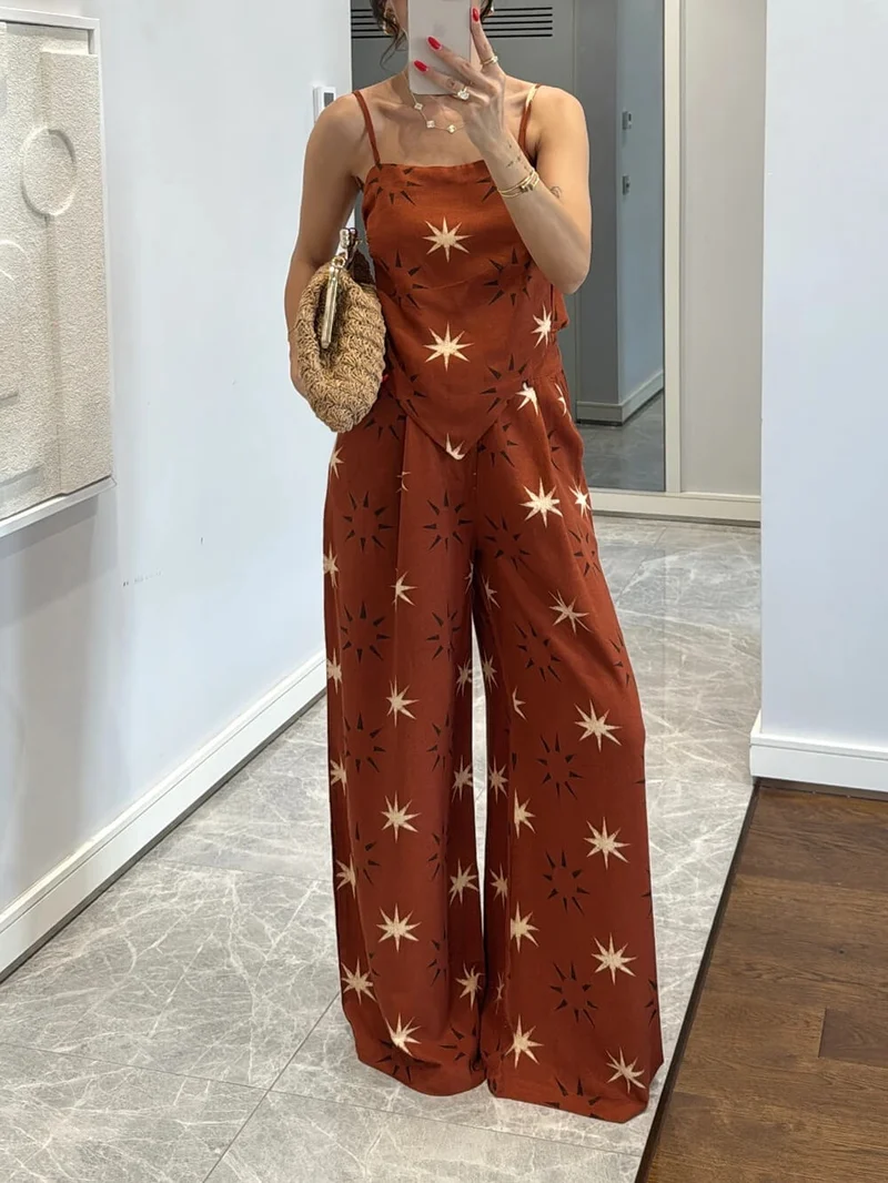 Exquisite Star Pattern Cami Top And Wide-Leg Pants Set